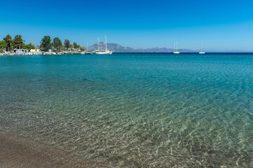 View to Mediterranean coast of Datca peninsula. Mugla region, Turkey. Mountains in the distance