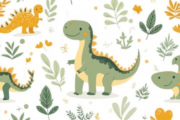 Cute cartoon dinosaurs interact joyfully within a seamless pattern filled with vibrant foliage and whimsical design elements