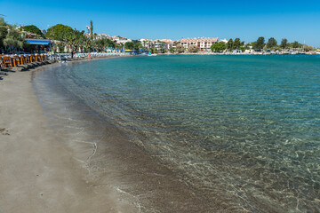 View to Mediterranean coast of Datca peninsula. Mugla region, Turkey. Mountains in the distance