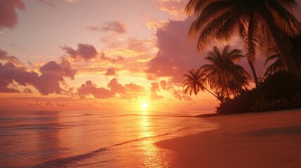 Stunning beach sunset landscape with golden hues kissing the waves, painting a serene and breathtaking view