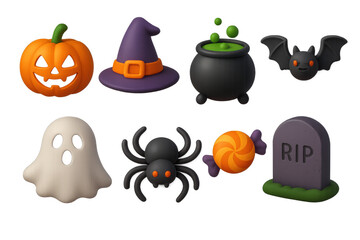 Spooky halloween 3d icons collection: pumpkin, witch hat, cauldron, bat, ghost, spider, candy, tombstone