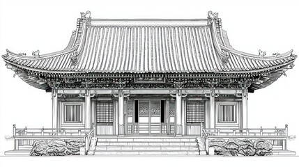 Architectural Masterpiece: A Detailed Ink Drawing of a Traditional Asian Temple