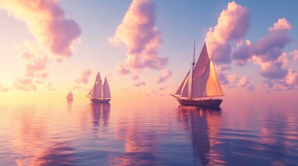 Fototapeta premium Vintage Sailboats at Sunset on Calm Water