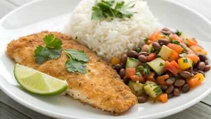 Latin American Breaded Fish Fillet with Rice, Beans, and Vegetables on White Plate