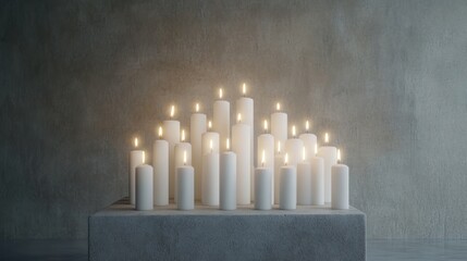 White candles arranged on a platform, studio shot. Possible use Stock photo for home decor, relaxation, or spirituality
