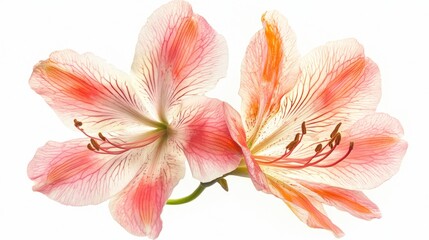 Close-up of two delicate pink and white lilies against a white background.  Possible use Nature, floral, spring