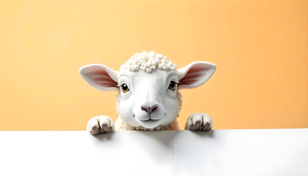 A baby lamb peeks over a white board, embodying the joy and innocence celebrated during Eid al-Adha, the Feast of Sacrifice