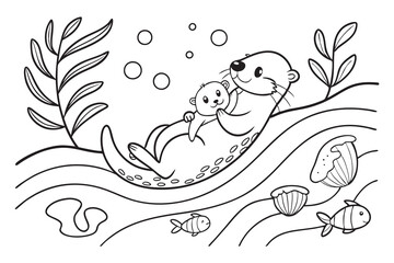 adorable sea otter family coloring page featuring a mother otter floating 