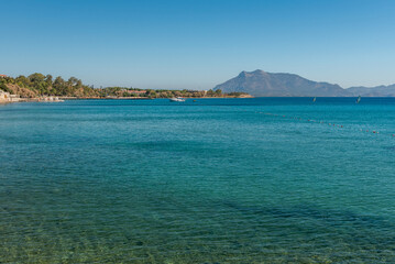 View to Mediterranean coast of Datca peninsula. Mugla region, Turkey. Mountains in the distance