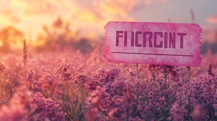 Vintage styled pink ticket amidst a serene field of flowers at sunset