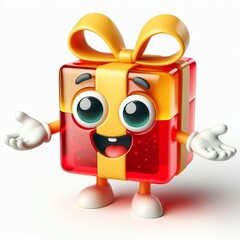 Fototapeta premium Cute character 3D image of a jelly gummy candy gift box shape with a big eye, funny laughing, hands, and legs on a white background
