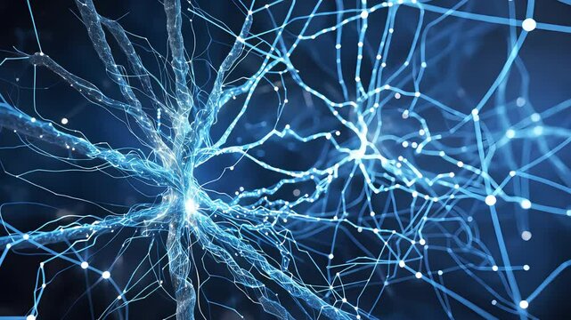 Digital illustration of neural network connections with glowing blue synapses and data lines forming a web of communication and connectivity

