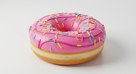 Pink Frosted Donut with Colorful Sprinkles on White Background