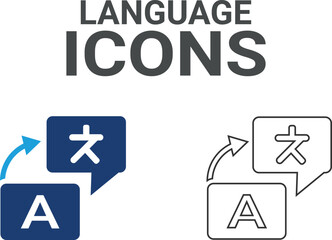 Language icons. It contains classroom, student, and teacher icons. Education and knowledge symbol. Solid icons vector collection.