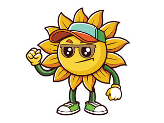 A happy yellow cartoon sun with a bright smile and fun sunglasses is a vector illustration icon of summer sunlight