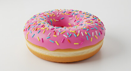 Pink Frosted Donut with Colorful Sprinkles on White Background