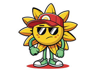 A happy yellow cartoon sun with a smiling face and sunglasses shines sunlight on a fun summer flower illustration