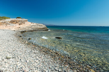 View to Mediterranean coast of Datca peninsula. Mugla region, Turkey. Mountains in the distance