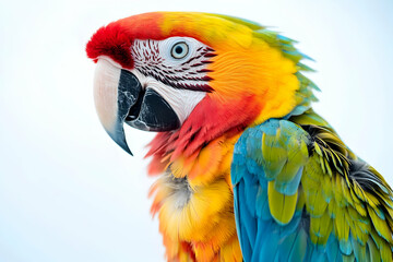 Obraz premium Vibrant Portrait of a Colorful Macaw Isolated Against a Clean White Background