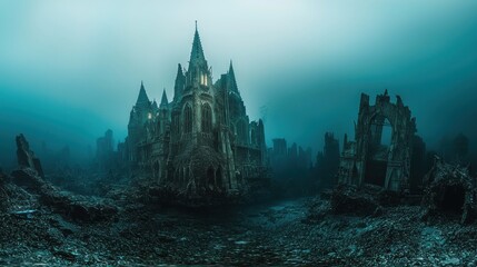 Obraz premium Sunken castle ruins in murky underwater scene.