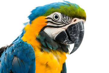 Naklejka premium Striking Portrait of a Blue and Gold Macaw with Vivid Plumage on White