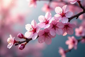 Delicate pink cherry blossoms, intricate branch detail, art, plant