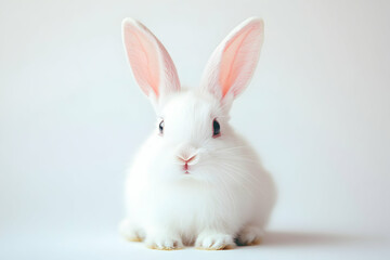 Obraz premium Adorable Fluffy White Baby Bunny with Long Pink Ears on White Background