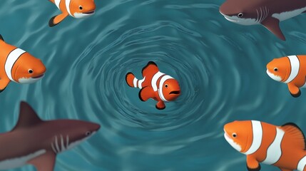 Clownfish amidst sharks in swirling water