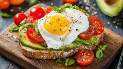 A fresh avocado toast with poached egg and cherry tomatoes. Featuring health and flavor