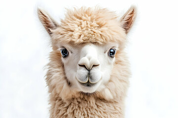 Charming alpaca portrait with a curious gaze against a white background