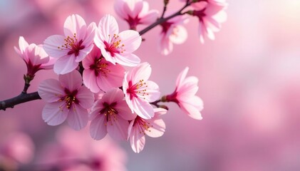 Fototapeta premium Delicate pink cherry blossoms, soft petals, flowing branches , pink flowers, japanese flower, blossom