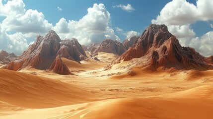 Naklejka premium Vast desert landscape with endless golden sands, shimmering under the sun in a timeless, arid expanse