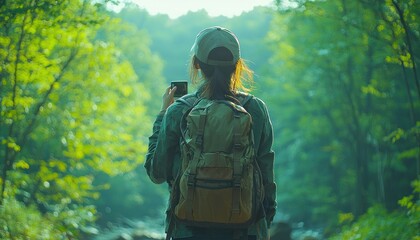 Fototapeta premium Woman Hiker Captures Scenic Forest Trail View