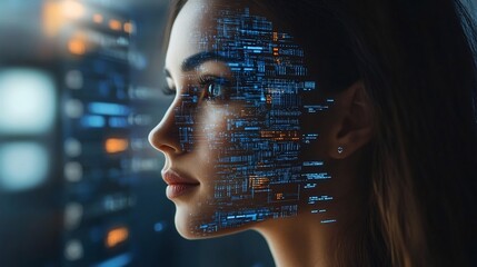 Woman's profile immersed in digital data streams and complex algorithms