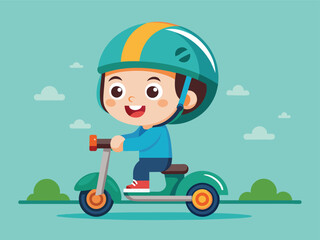 Smiling kid on scooter play cartoon illustration