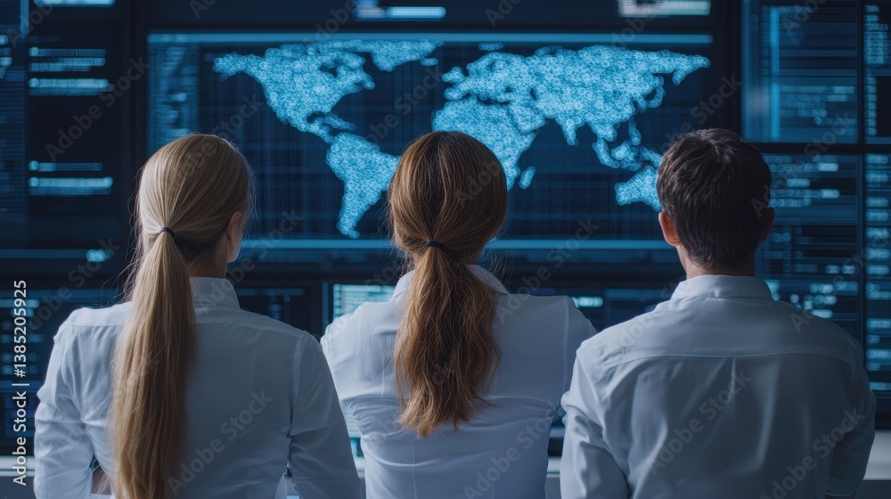 Poster three professionals observe a digital world map on a screen, highlighting data visualization and tec