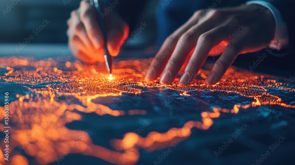 Poster a close-up of hands interacting with a digital map, highlighting bright orange pathways and data poi