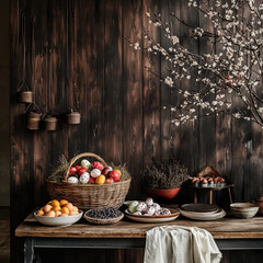 A cozy and festive Easter scene with an elegantly set table. Warm lighting and decorative elements create an inviting atmosphere, making it perfect for home, lifestyle, and holiday marketing visuals.