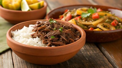 Cuban Ropa Vieja with Shredded Beef and White Rice in Terracotta Bowl