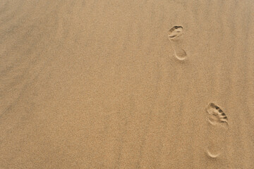 Footprints of bare feet in the dry sand, close up, top down view
