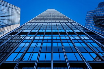 Fototapeta premium A lone skyscraper against a vast gradient sky in minimalist style