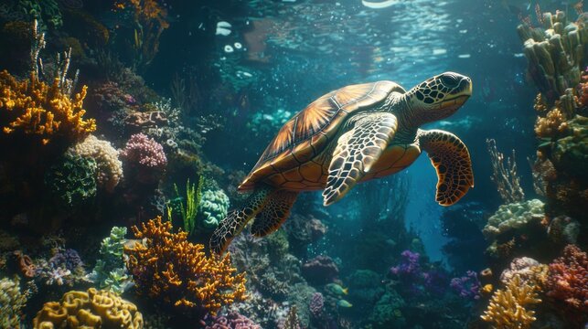 Sea turtle gracefully swims through vibrant coral reef.
