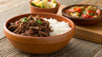 Cuban Ropa Vieja with Shredded Beef and White Rice in Terracotta Bowl