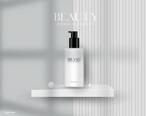 Cosmetics advertisement background design vector with a window shadow overlay and white color. Product mockup template. White color 3D realistic empty promotion cosmetic product sale podium design. 