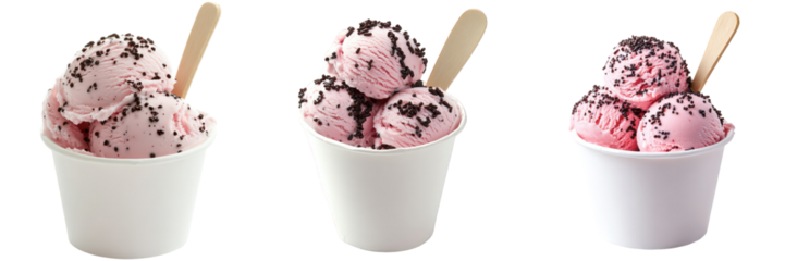 Strawberry ice cream with chocolate sprinkles in a paper cup with a wooden spoon.