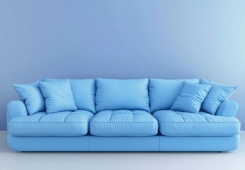 Fototapeta premium Stylish Blue Sofa with Cushions in Minimalist Modern Interior Space