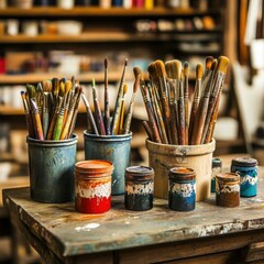 artist's table with watercolor paints