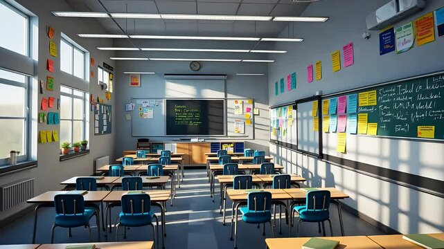 Bright and colorful empty classroom with desks, chairs, posters, large windows, chalkboard, and educational materials in a sunny school day

