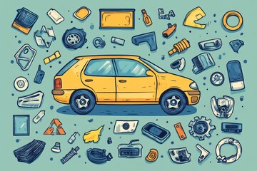 Naklejka premium Cartoon Car Parts Scattered Around a Yellow Sedan