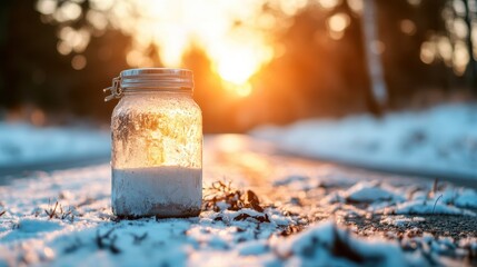 A charming jar filled with milk sits on a snow-covered pathway, illuminated by the warm hues of a sunset, symbolizing the beauty of simplicity and the transition between seasons.